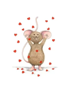 Anillustration Ansichtkaart Muisje gooit hartjes in de lucht