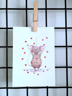 Anillustration Ansichtkaart Muisje gooit hartjes in de lucht