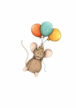 Anillustration Ansichtkaart Muisje hangt aan ballonnen