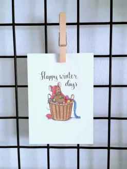 Anillustration Ansichtkaart Muisje in mand winterkleding