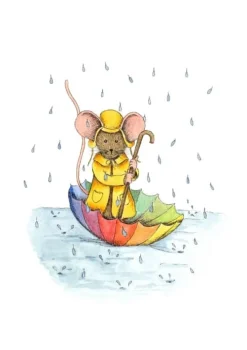 Anillustration Ansichtkaart Muisje varen in paraplu