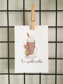Anillustration Ansichtkaart Muisje knuffelt chocolademelk