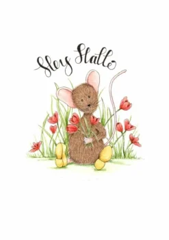 Anillustration Ansichtkaart Hey hallo muisje met tulpen