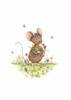 Anillustration Ansichtkaart Muisje in bloemenveld