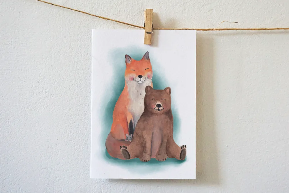 Lotte Drouen Ansichtkaart Knuffelende Vos, Beer en Muis