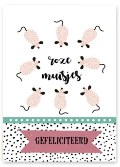 Pepermints Wenskaart Roze Muisjes Gefeliciteerd
